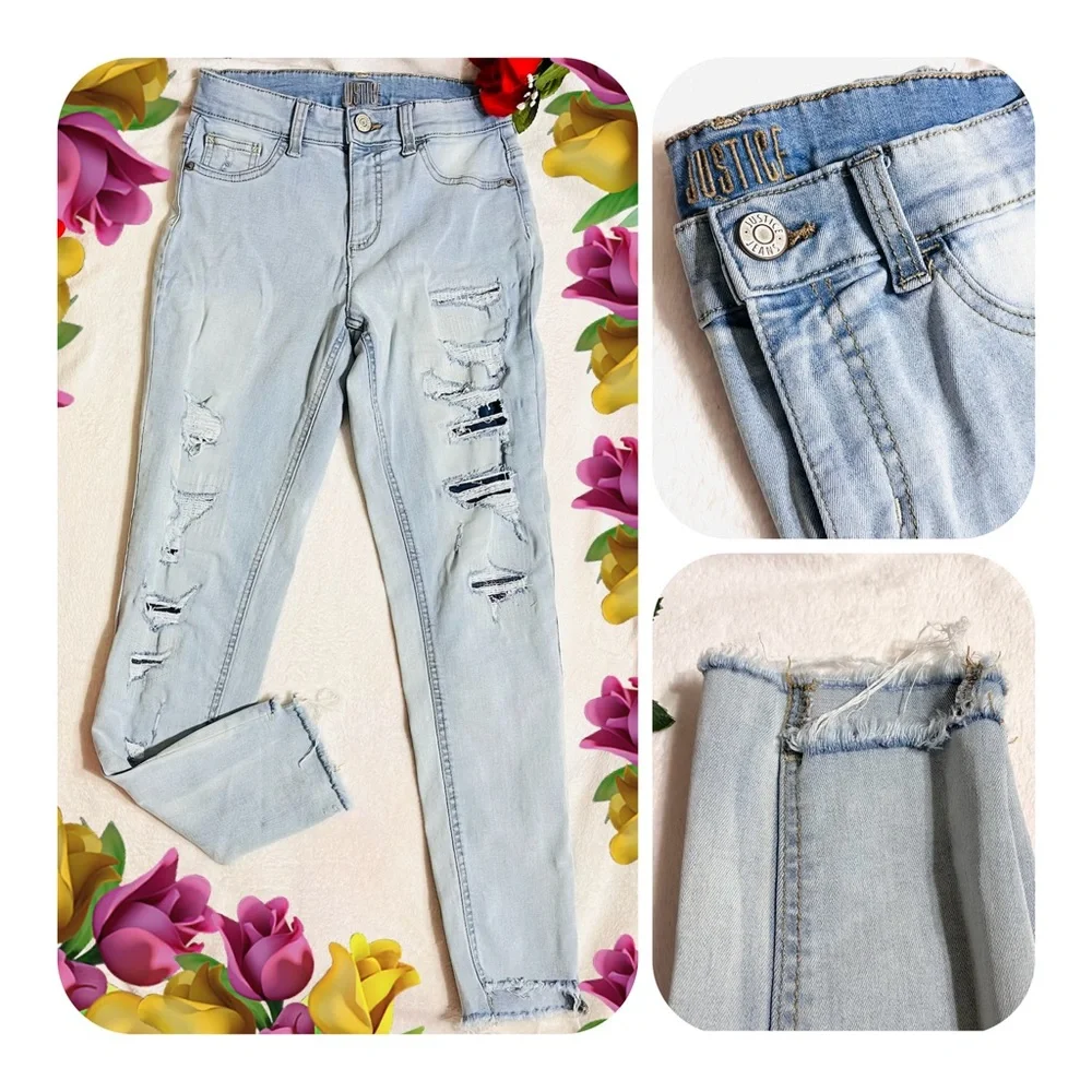 Justice Light Blue Wash High Rise Distressed Skinny Jeans/Jegging  Size 14 Girls